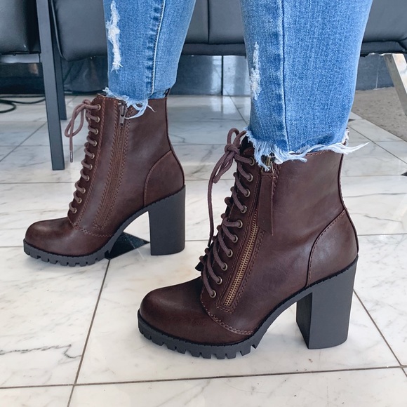 Shoes - Heel Combat Booties - Brown